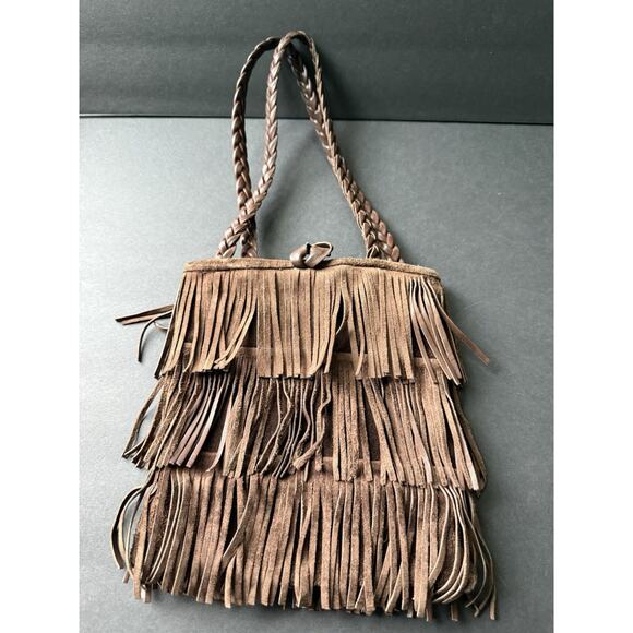 Unbranded Handbags - Handcrafted Cowhide Natural Leather Suede Fringe Boho Hippie Brown Shoulder Bag